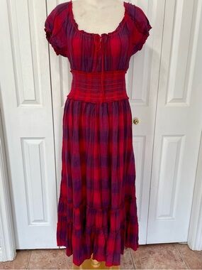 Bila Plaid Tartan Smocked Tiered Prairie 100% Cotton Dress